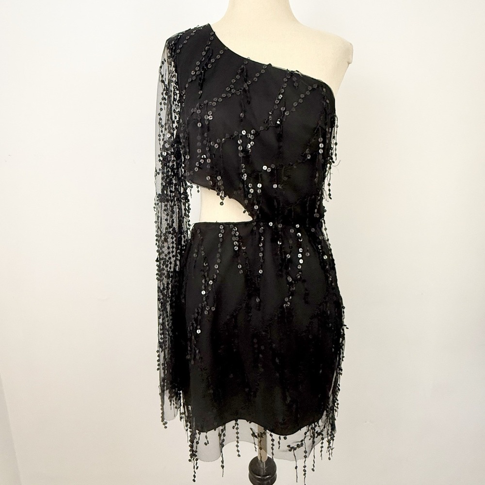 LUCY IN THE SKY Black Sequin One Shoulder Mesh DRESS L HOCO Whimsigoth Vamp Sexy - Picture 16 of 16